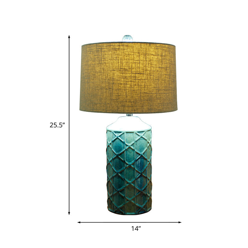 Blue Ceramic Nightstand Lamp With Rustic Lattice Design And Fabric Shade