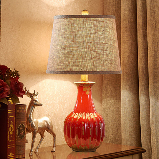 Rustic Ceramic Night Light: 1-Light Red/Blue Vase Lamp For Bedroom Nightstand With Stylish Fabric