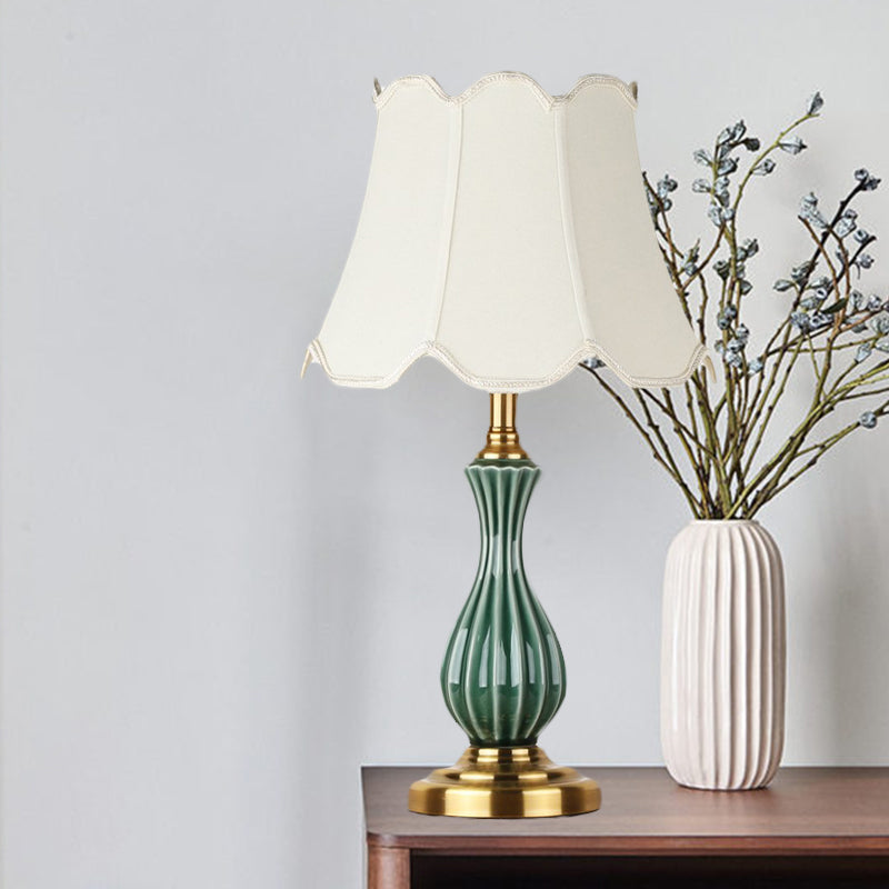 Traditional White Fabric Table Lamp With Ceramic Urn-Shaped Base - Bedroom Nightstand Lighting