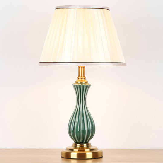 Traditional White Fabric Table Lamp With Ceramic Urn-Shaped Base - Bedroom Nightstand Lighting / A