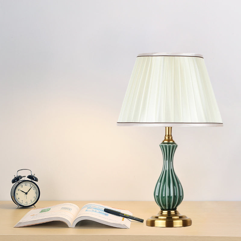 Traditional White Fabric Table Lamp With Ceramic Urn-Shaped Base - Bedroom Nightstand Lighting