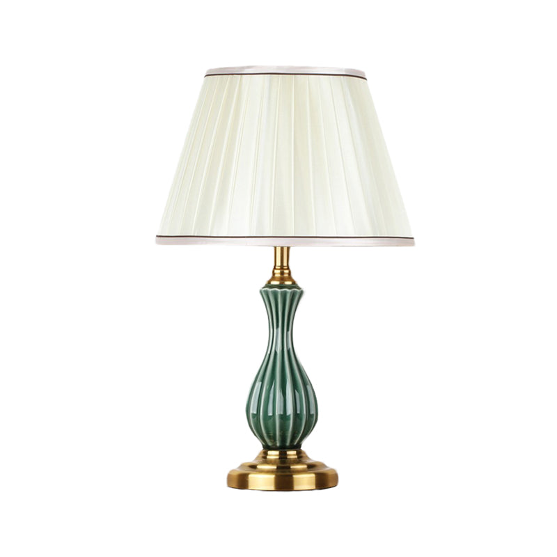 Traditional White Fabric Table Lamp With Ceramic Urn-Shaped Base - Bedroom Nightstand Lighting