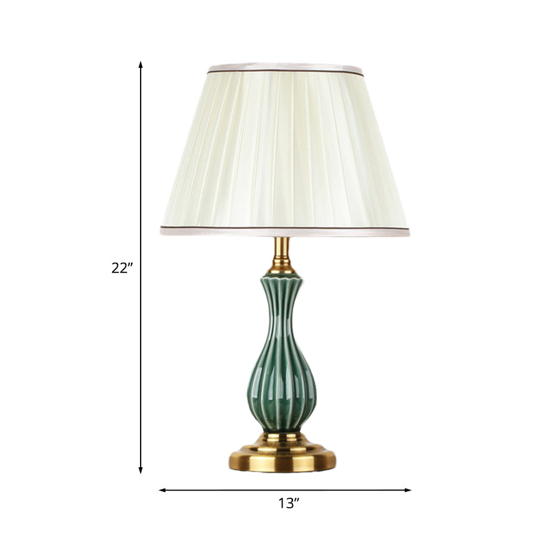 Traditional White Fabric Table Lamp With Ceramic Urn-Shaped Base - Bedroom Nightstand Lighting