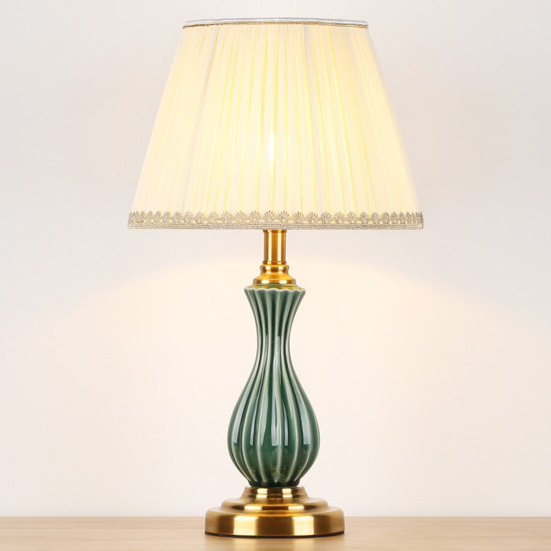 Traditional White Fabric Table Lamp With Ceramic Urn-Shaped Base - Bedroom Nightstand Lighting / C