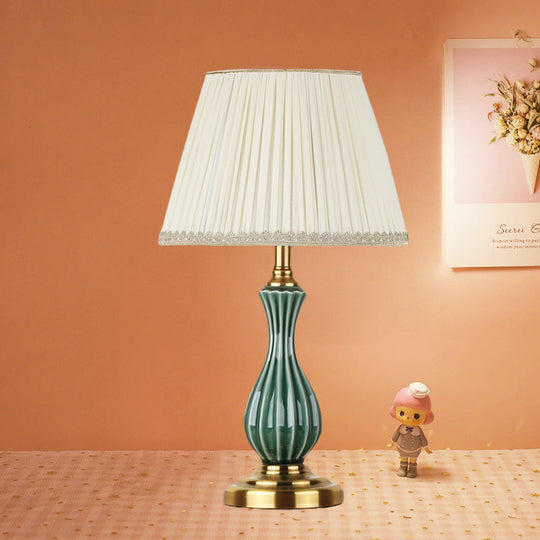 Traditional White Fabric Table Lamp With Ceramic Urn-Shaped Base - Bedroom Nightstand Lighting