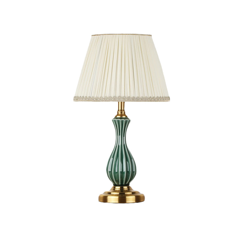 Traditional White Fabric Table Lamp With Ceramic Urn-Shaped Base - Bedroom Nightstand Lighting