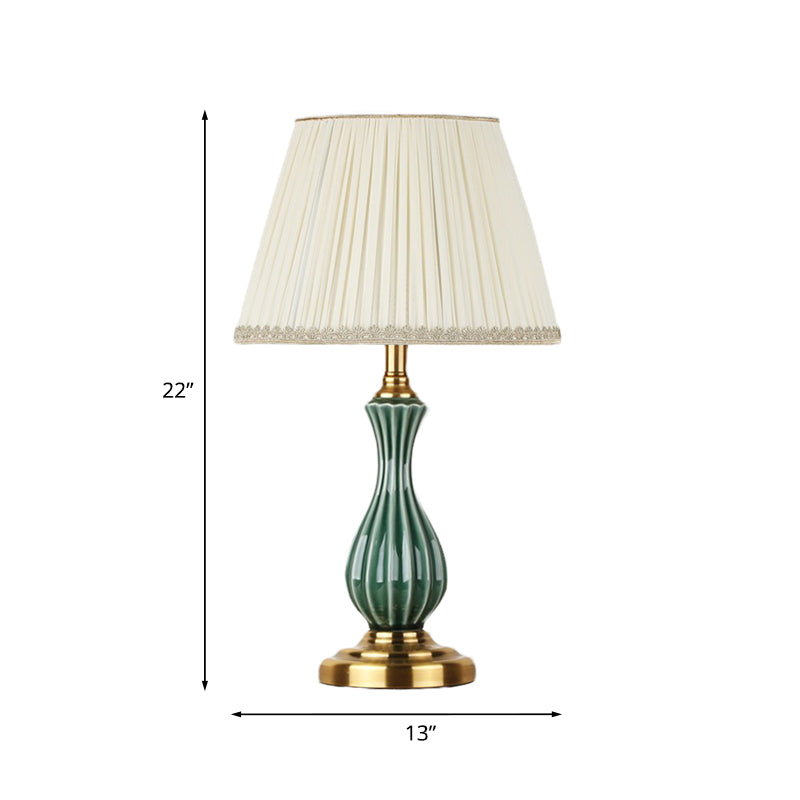 Traditional White Fabric Table Lamp With Ceramic Urn-Shaped Base - Bedroom Nightstand Lighting