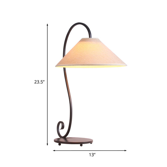 Country Style White Conical Table Lamp With Curved Arm: 1-Light Bedroom Night Light