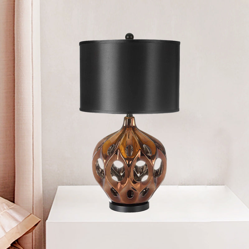 Hollowed Out Ceramic Jar Nightstand Lamp - Retro 1-Bulb Table Lighting In Gold/Rose Gold With Black