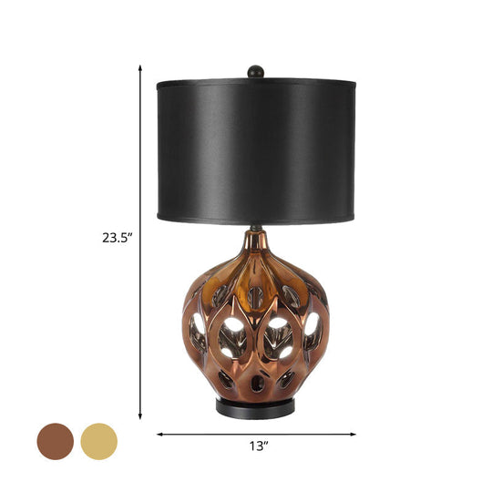 Hollowed Out Ceramic Jar Nightstand Lamp - Retro 1-Bulb Table Lighting In Gold/Rose Gold With Black