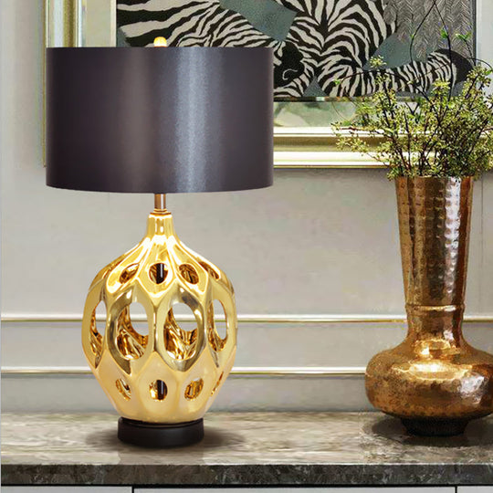 Hollowed Out Ceramic Jar Nightstand Lamp - Retro 1-Bulb Table Lighting In Gold/Rose Gold With Black