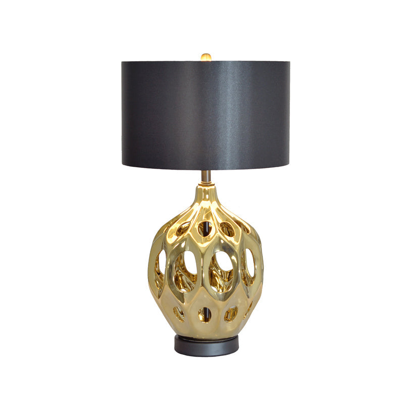 Hollowed Out Ceramic Jar Nightstand Lamp - Retro 1-Bulb Table Lighting In Gold/Rose Gold With Black