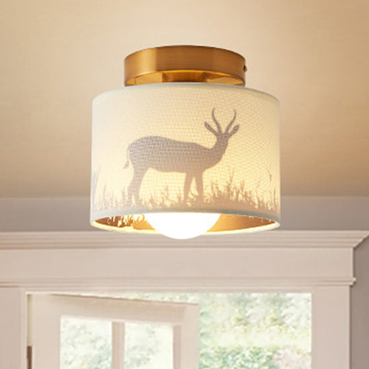 Traditional Brass Finish Semi Flush Mount Light with Elk/Leaf Pattern and Drum Shade