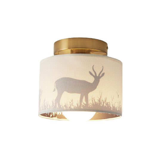 Traditional Brass Finish Semi Flush Mount Light with Elk/Leaf Pattern and Drum Shade