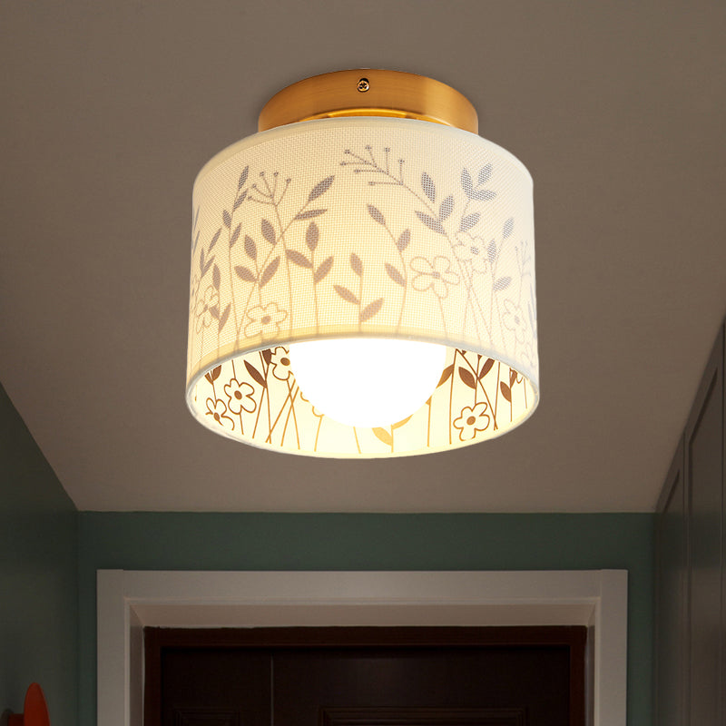 Traditional Brass Finish Semi Flush Mount Light with Elk/Leaf Pattern and Drum Shade