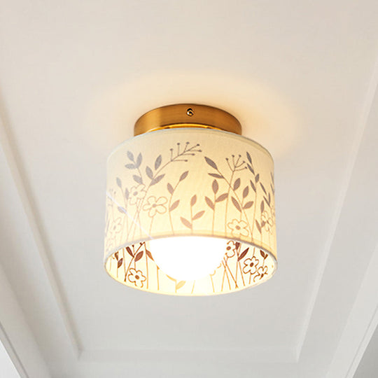 Traditional Brass Finish Semi Flush Mount Light with Elk/Leaf Pattern and Drum Shade