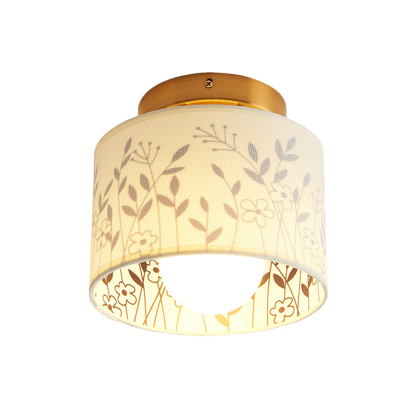 Traditional Brass Finish Semi Flush Mount Light with Elk/Leaf Pattern and Drum Shade