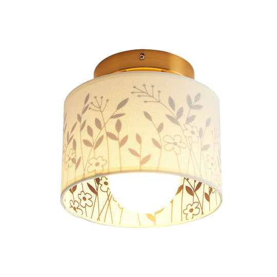 Traditional Brass Finish Semi Flush Mount Light with Elk/Leaf Pattern and Drum Shade