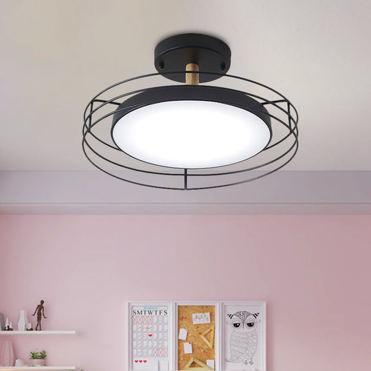 Nordic Iron Black/White/Gold LED Round Semi Flush Mount Ceiling Lighting with Wire Cage