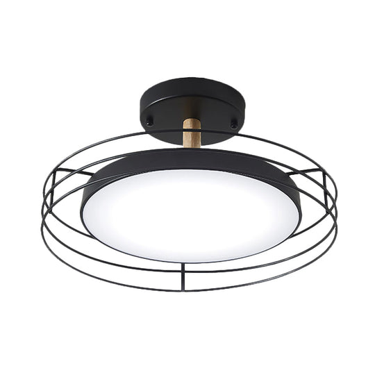 Nordic Iron Black/White/Gold LED Round Semi Flush Mount Ceiling Lighting with Wire Cage