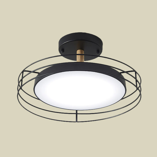 Nordic Iron Black/White/Gold Led Round Semi Flush Mount Ceiling Lighting With Wire Cage