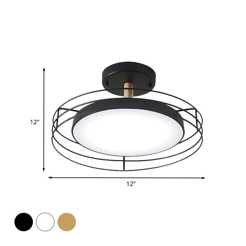 Nordic Iron Black/White/Gold LED Round Semi Flush Mount Ceiling Lighting with Wire Cage