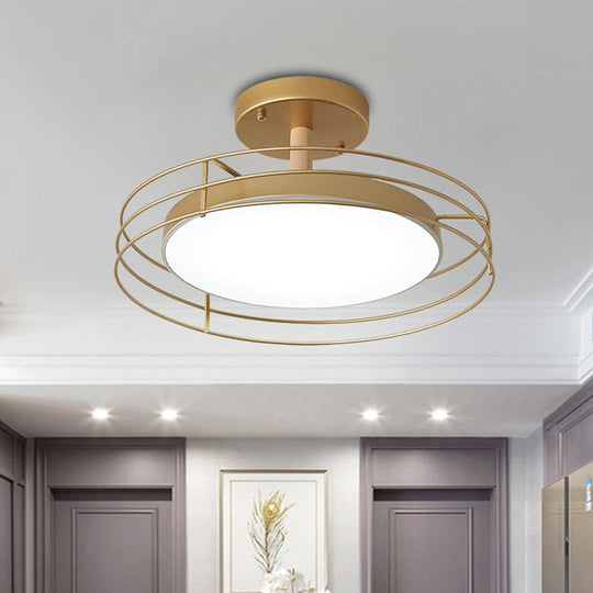 Nordic Iron Black/White/Gold Led Round Semi Flush Mount Ceiling Lighting With Wire Cage Gold