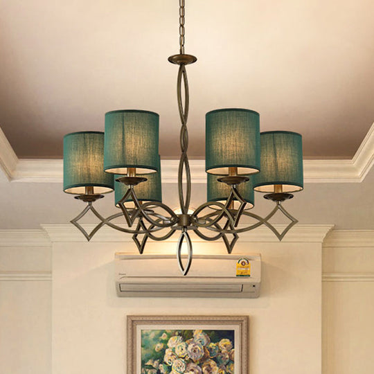 6-Light Chandelier Lamp With Drum Shade And Fabric Pendant In White/Beige/Green - Metal Twisted Arm