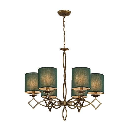 6-Light Chandelier Lamp With Drum Shade And Fabric Pendant In White/Beige/Green - Metal Twisted Arm