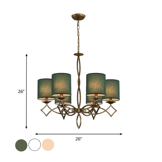 6-Light Chandelier Lamp With Drum Shade And Fabric Pendant In White/Beige/Green - Metal Twisted Arm