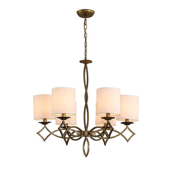 6-Light Chandelier Lamp With Drum Shade And Fabric Pendant In White/Beige/Green - Metal Twisted Arm