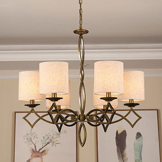 6-Light Chandelier Lamp With Drum Shade And Fabric Pendant In White/Beige/Green - Metal Twisted Arm