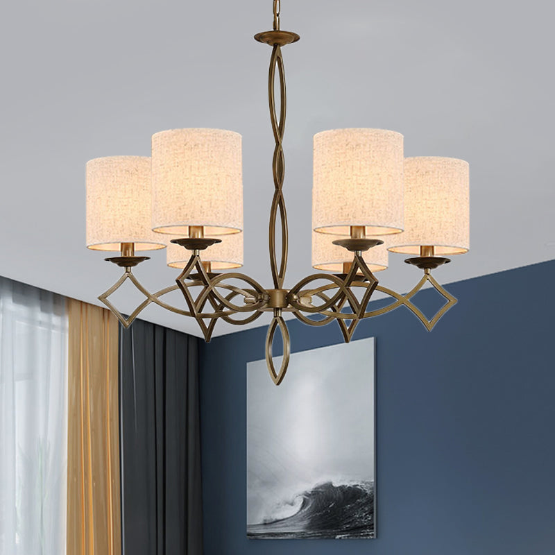 6-Light Chandelier Lamp With Drum Shade And Fabric Pendant In White/Beige/Green - Metal Twisted Arm