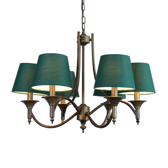 Green Fabric Chandelier: Conical Pendant Light For Dining Room With 6 Countryside-Inspired Heads