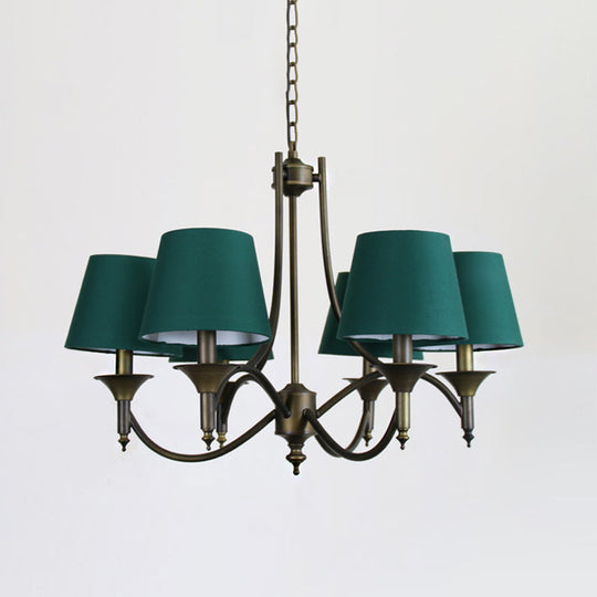 Green Fabric Chandelier: Conical Pendant Light For Dining Room With 6 Countryside-Inspired Heads