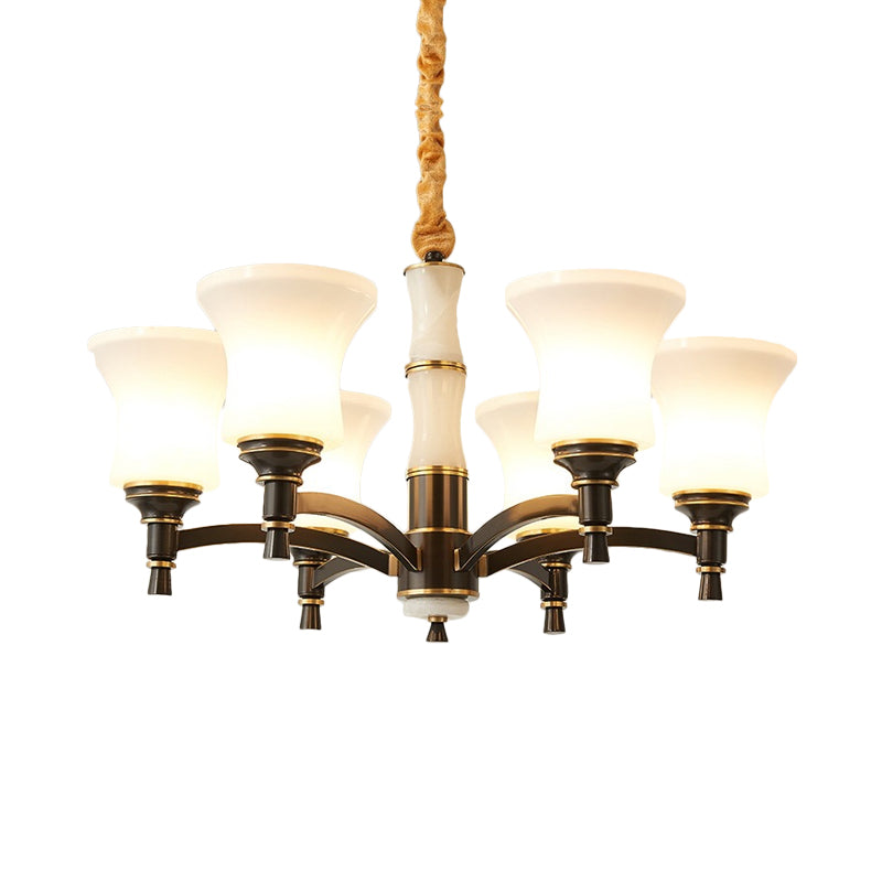 Retro Hanging Chandelier With White Bell Glass Shades - 6/8 Lights Black Finish