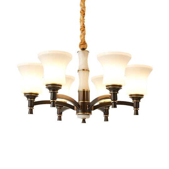 Retro Hanging Chandelier With White Bell Glass Shades - 6/8 Lights Black Finish