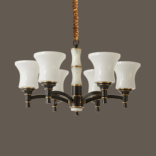 Retro Hanging Chandelier With White Bell Glass Shades - 6/8 Lights Black Finish