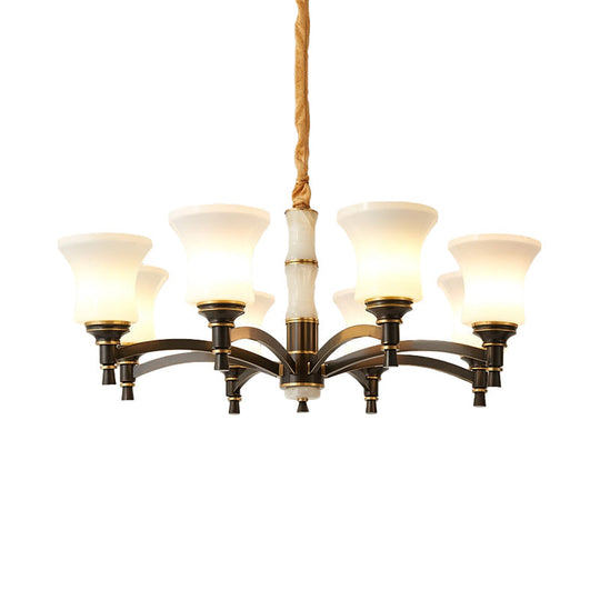 Retro Hanging Chandelier With White Bell Glass Shades - 6/8 Lights Black Finish