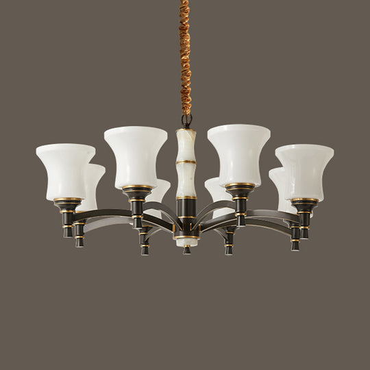 Retro Hanging Chandelier With White Bell Glass Shades - 6/8 Lights Black Finish