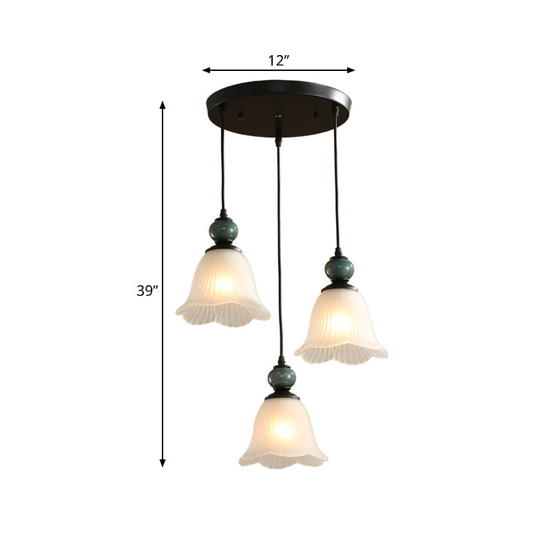 Frosted Ribbed Glass Flared Pendant: Rustic 3-Light Dining Room Hanging Lamp Kit In Black