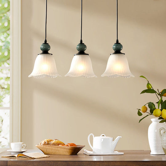 Frosted Ribbed Glass Flared Pendant: Rustic 3-Light Dining Room Hanging Lamp Kit In Black