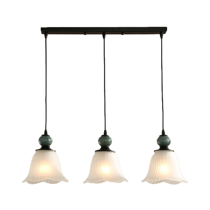 Frosted Ribbed Glass Flared Pendant: Rustic 3-Light Dining Room Hanging Lamp Kit In Black