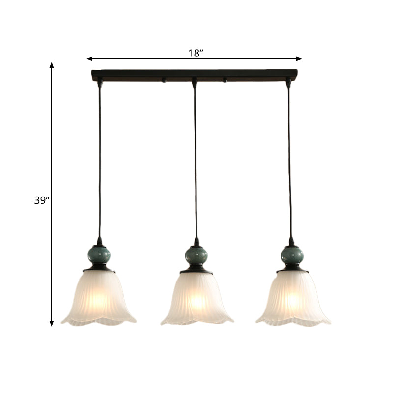 Frosted Ribbed Glass Flared Pendant: Rustic 3-Light Dining Room Hanging Lamp Kit In Black