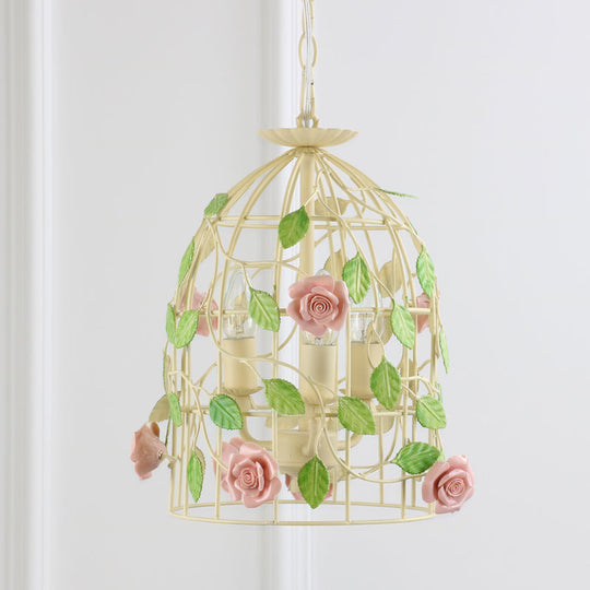 Iron Beige Birdcage Chandelier With Rose Vine And 3-Light Countryside Fixture