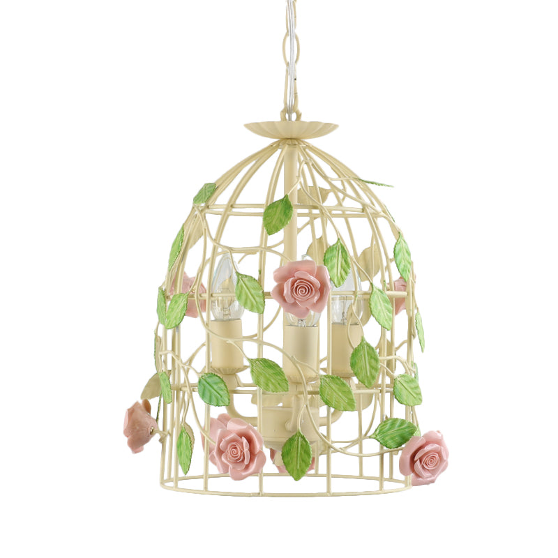 Iron Beige Birdcage Chandelier With Rose Vine And 3-Light Countryside Fixture