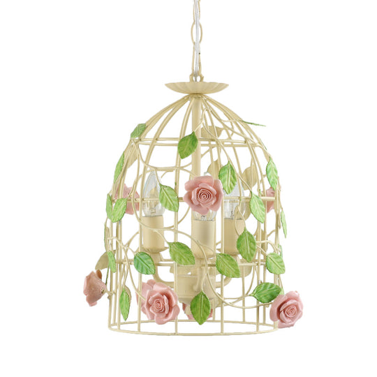 Iron Beige Birdcage Chandelier With Rose Vine And 3-Light Countryside Fixture