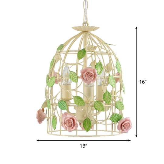 Iron Beige Birdcage Chandelier With Rose Vine And 3-Light Countryside Fixture