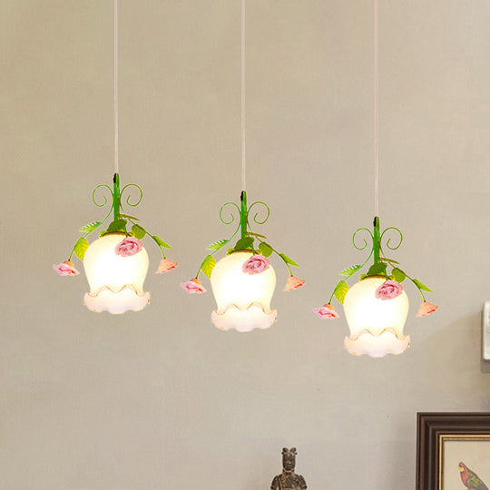 Green Opal Glass Cluster Pendant With Ruffle Detail - Ideal For Dining Rooms 3 Lights And Your