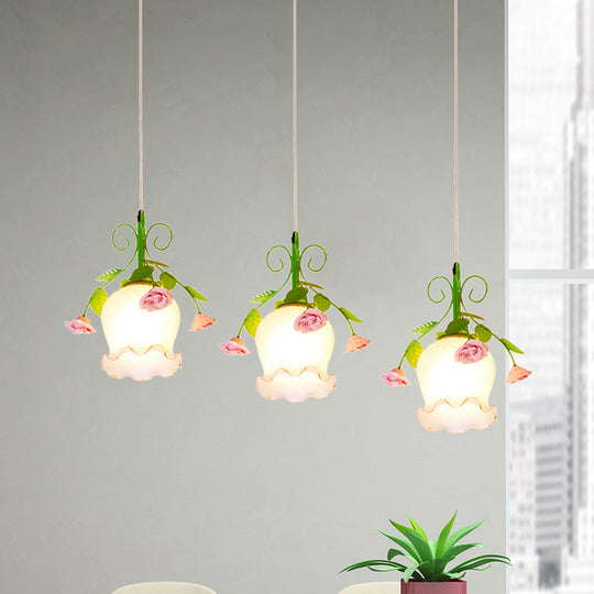 Green Opal Glass Cluster Pendant With Ruffle Detail - Ideal For Dining Rooms 3 Lights And Your